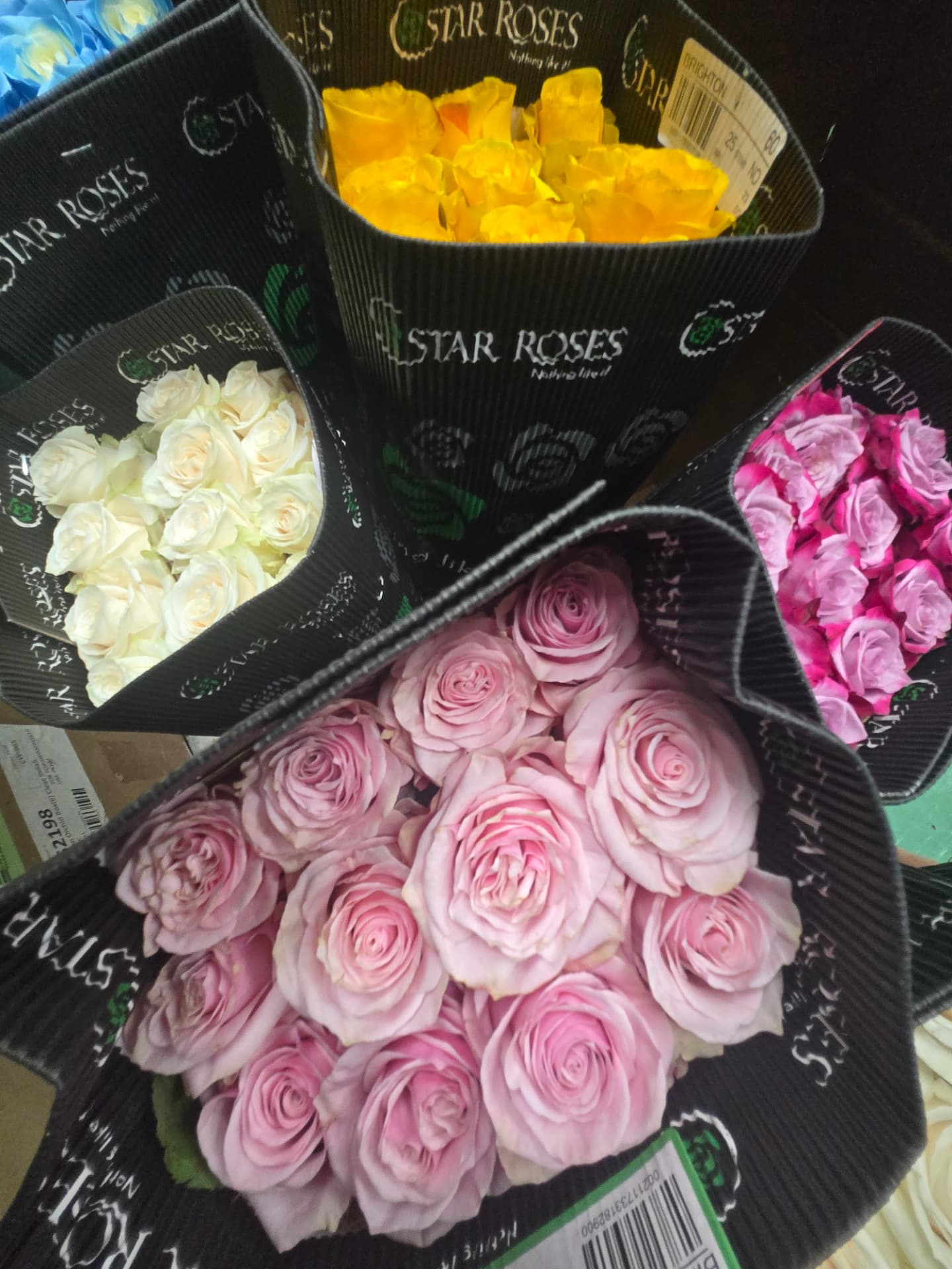 Pink, cream and yellow fresh cut roses wrapped in Star Roses sleeves