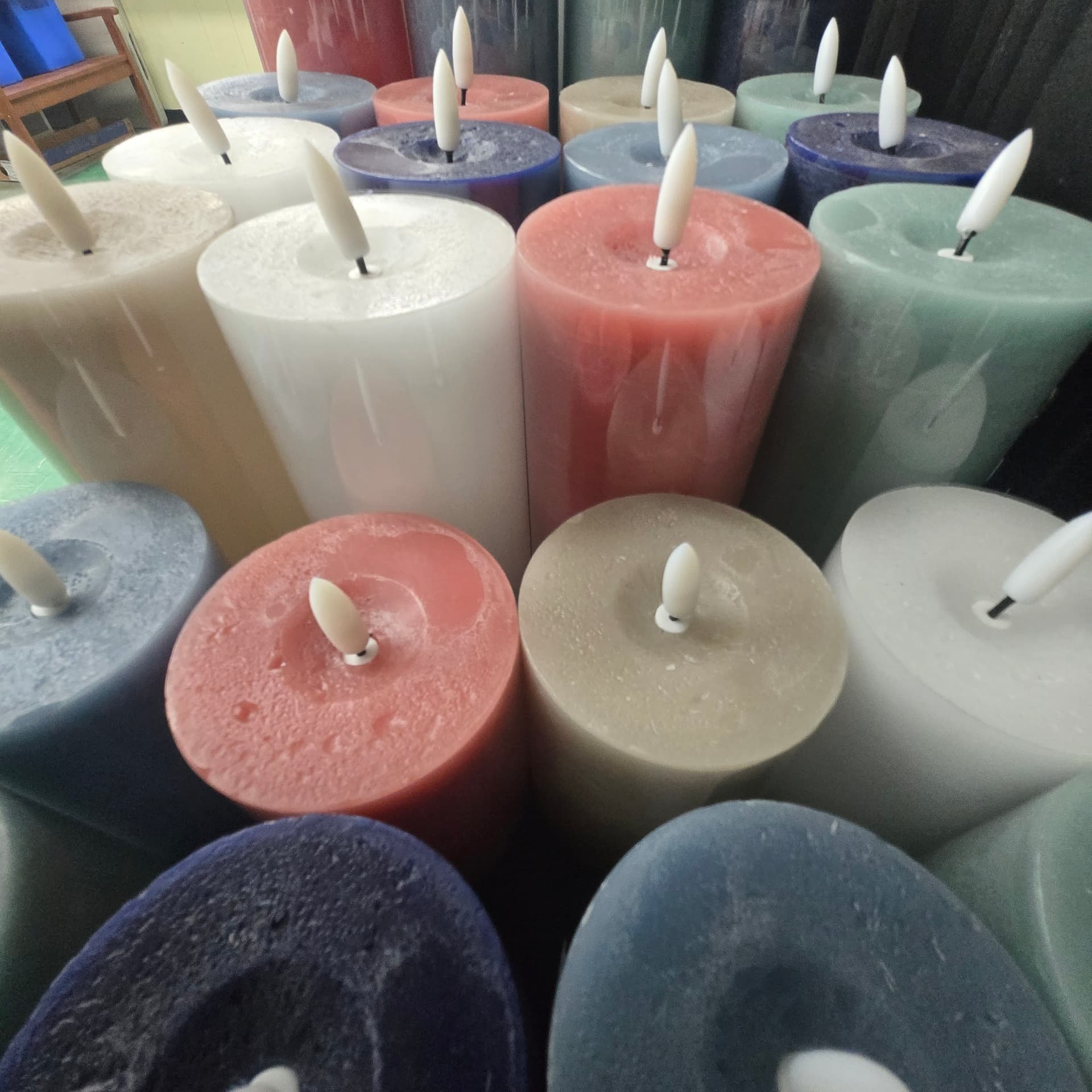 Pillar LED flameless candles in blue, blush, sage and cream