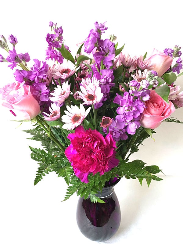 Pink roses & purple stock bouquet
